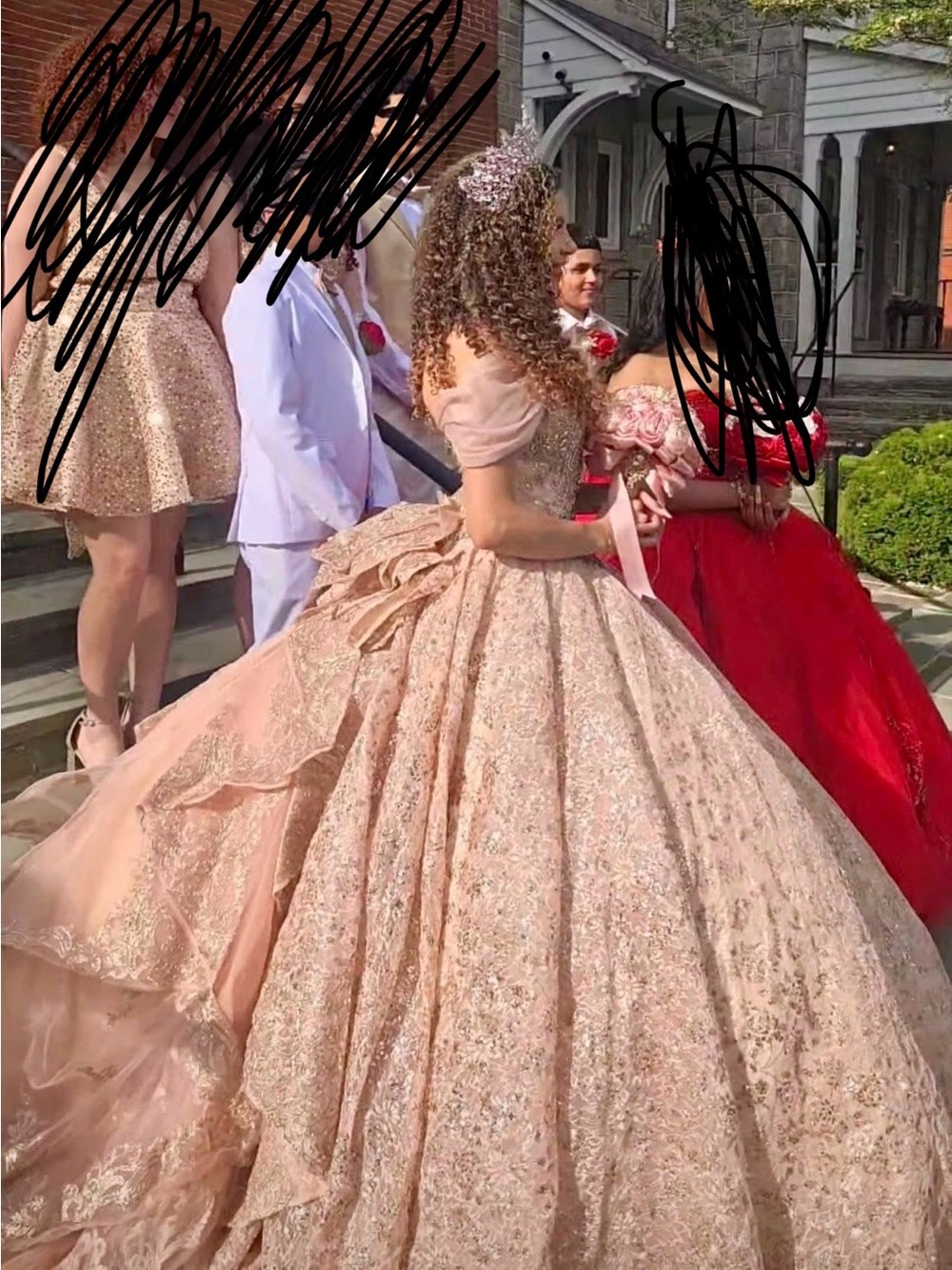 Princess-Style Rose Pink Sparkle Ball Gown Dress with Off-Shoulder Sleeves